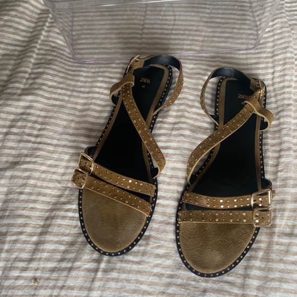 Zara Flat Split Suede Slider Sandals with Studs, Brown, Size EU 40 - Picture 4 of 6